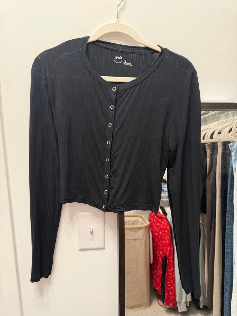 Aerie Cropped Black Button-Front Ribbed Long-Sleeve Cardigan